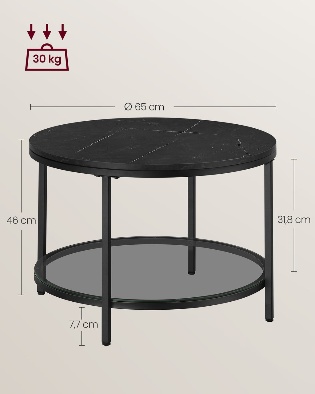 Couchtisch 2 Ebenen mit Glasplatte marmorschwarz-tintenschwarz