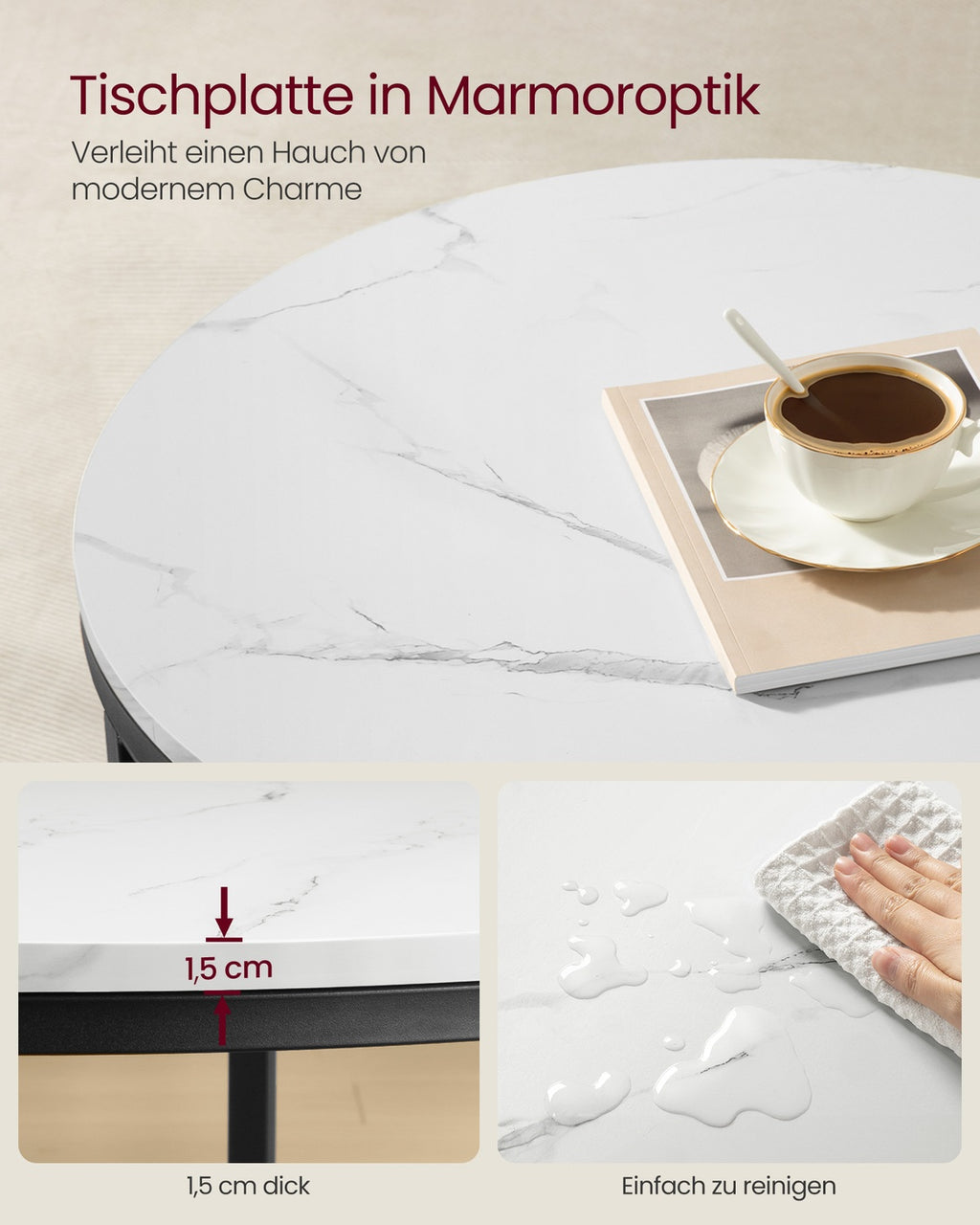 Wohnzimmertisch mit Glasplatte und einfachem Aufbau
