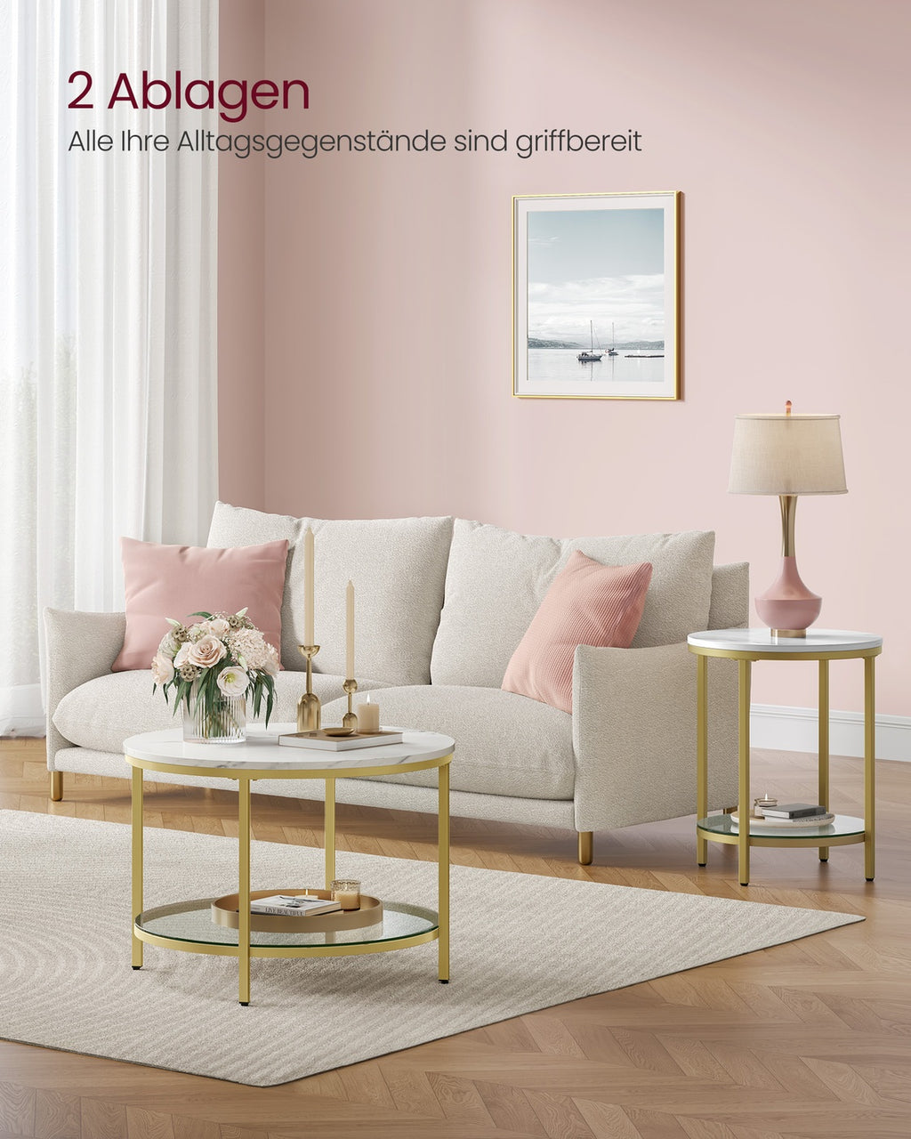 Couchtisch 2 Ebenen mit Glasplatte marmorweiß-helles Gold