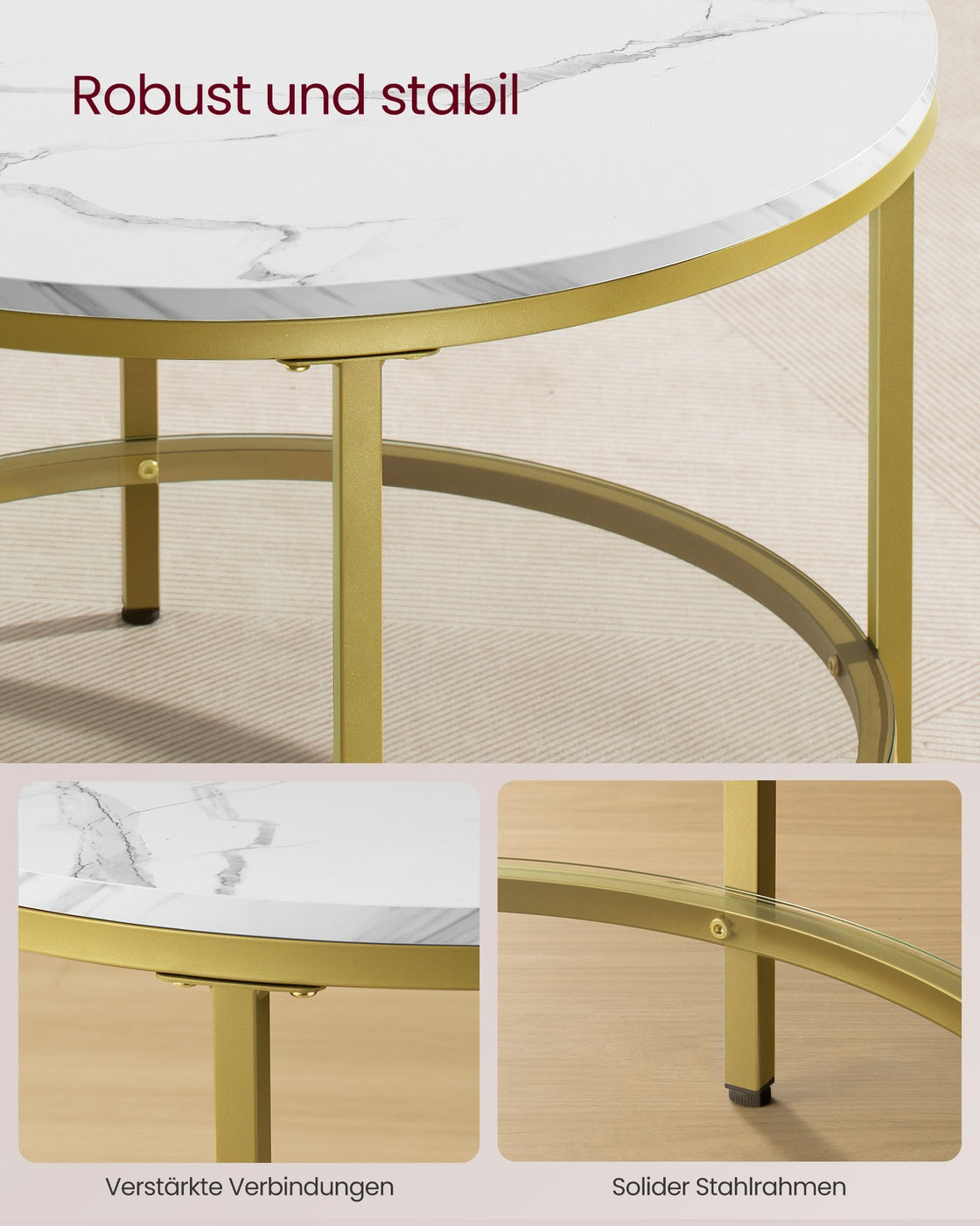 Couchtisch 2 Ebenen mit Glasplatte marmorweiß-helles Gold