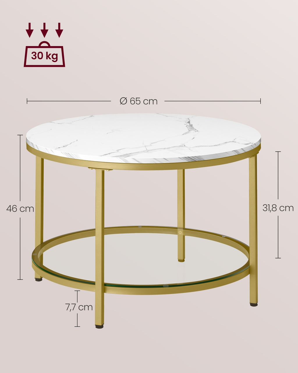 Couchtisch 2 Ebenen mit Glasplatte marmorweiß-helles Gold