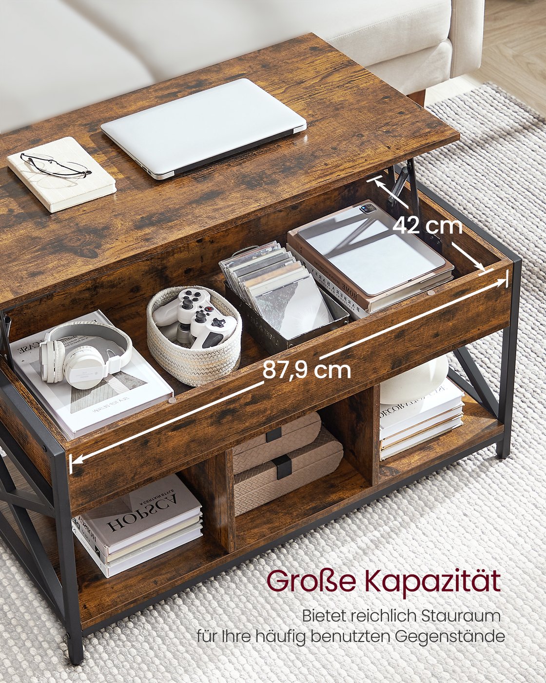 Couchtisch höhenverstellbar mit offenen Fächern vintagebraun-schwarz