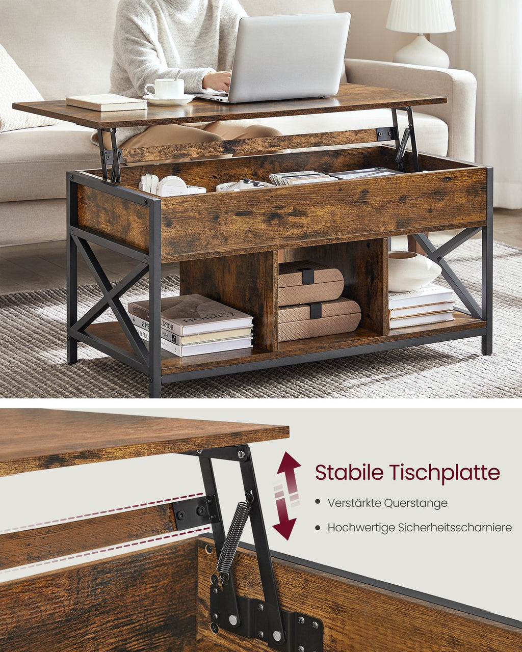 Couchtisch höhenverstellbar mit offenen Fächern vintagebraun-schwarz