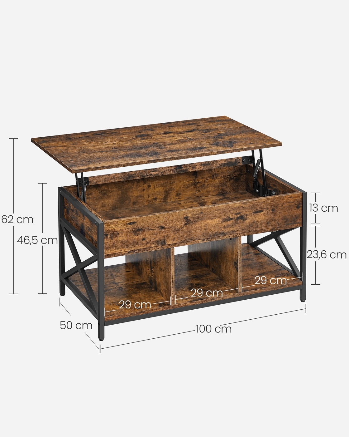 Couchtisch höhenverstellbar mit offenen Fächern vintagebraun-schwarz