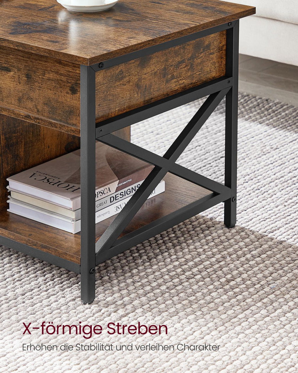 Couchtisch höhenverstellbar mit offenen Fächern vintagebraun-schwarz