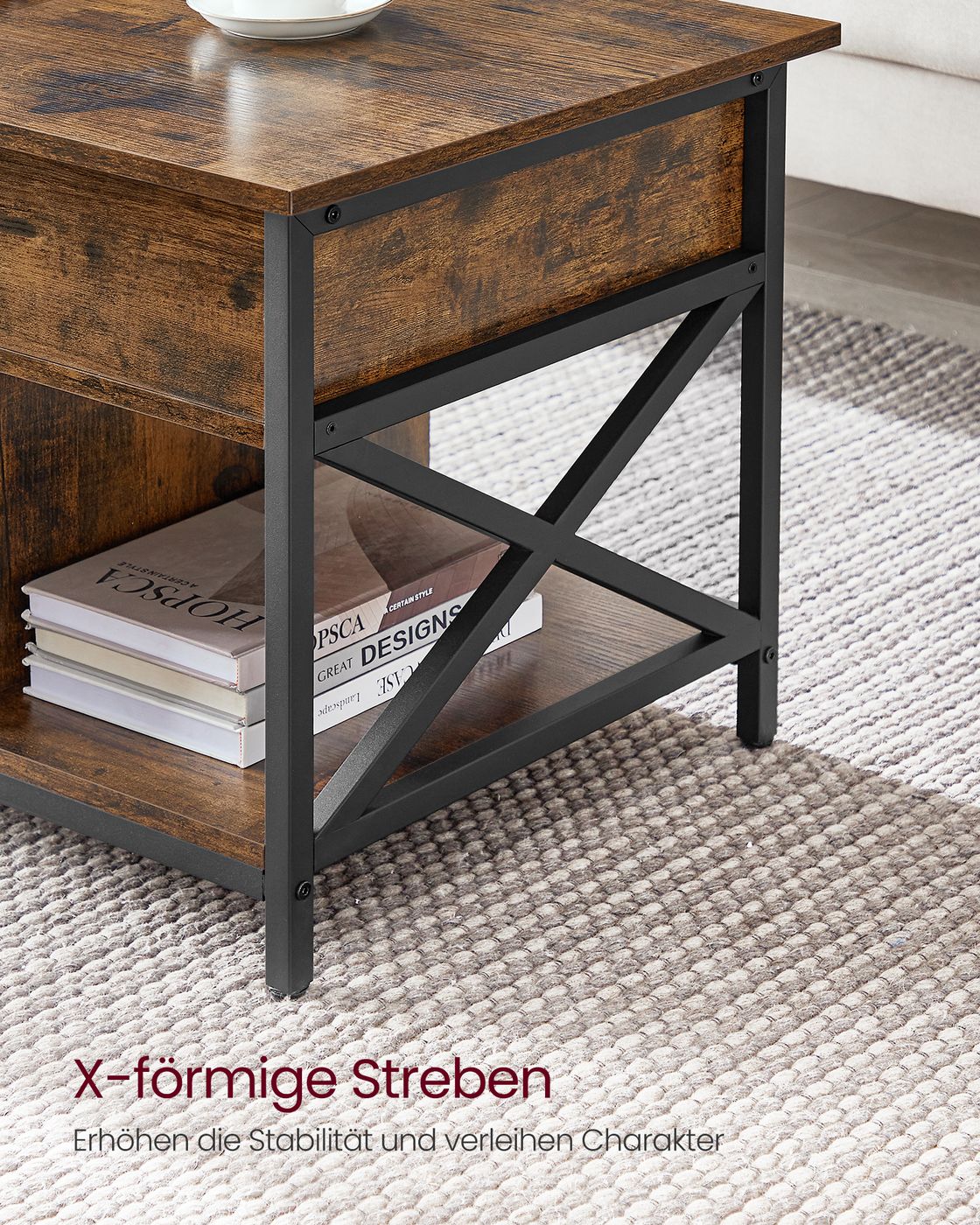 Couchtisch höhenverstellbar mit offenen Fächern vintagebraun-schwarz