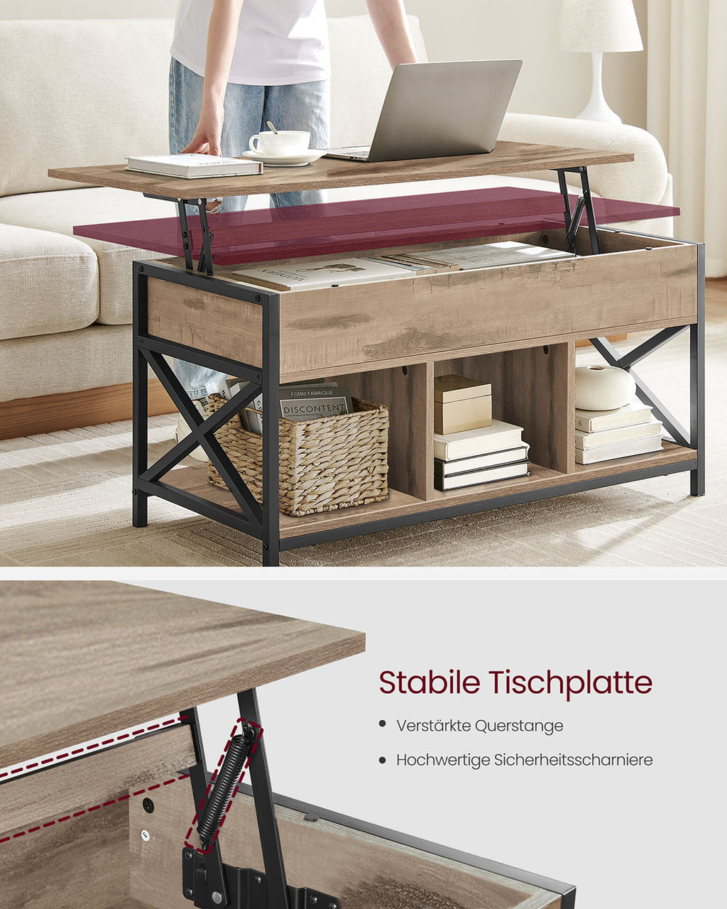 Couchtisch 50 x 100 x (46,5-62) cm kamelbraun-schwarz