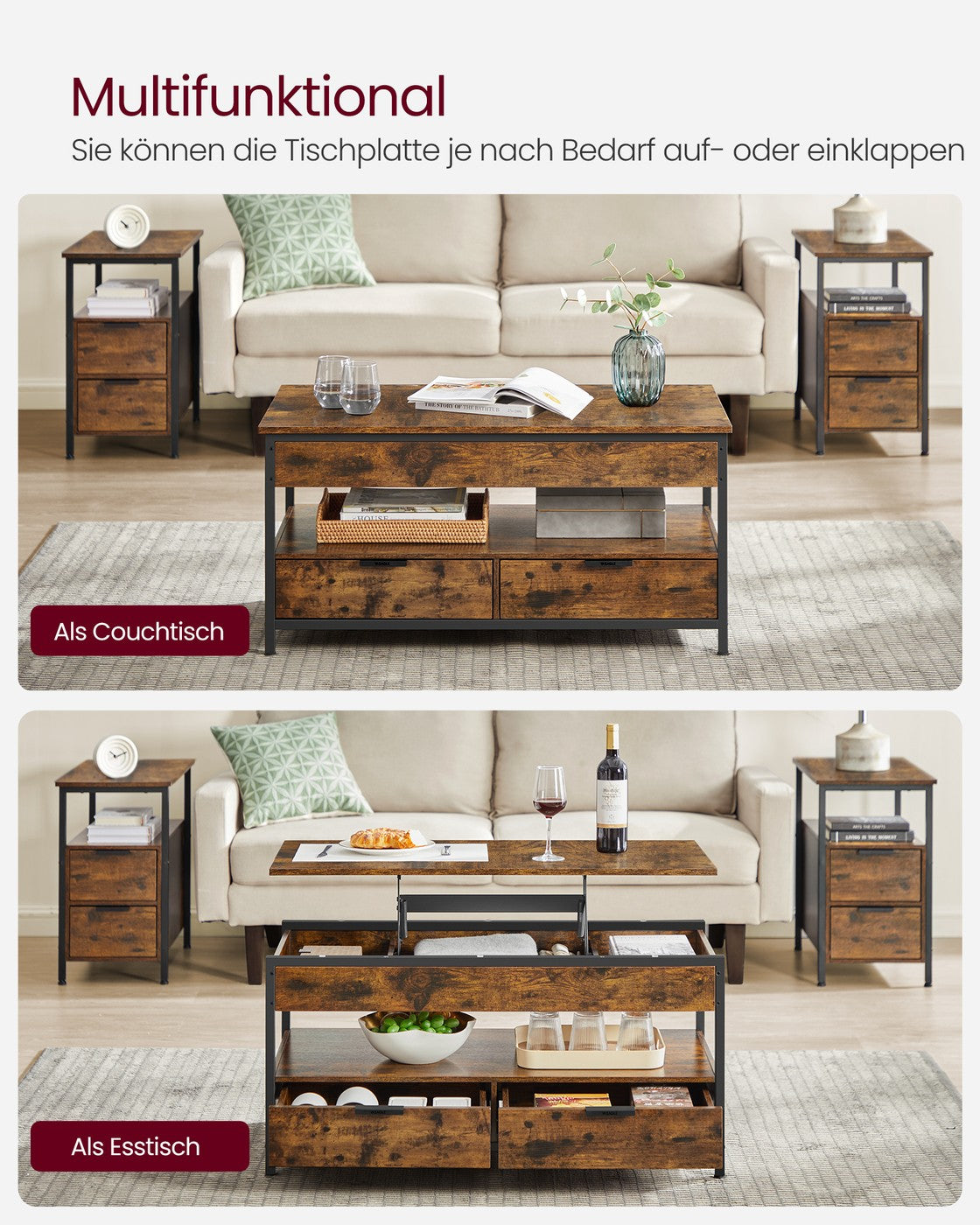 Couchtisch mit Schubladen vintagebraun-tintenschwarz