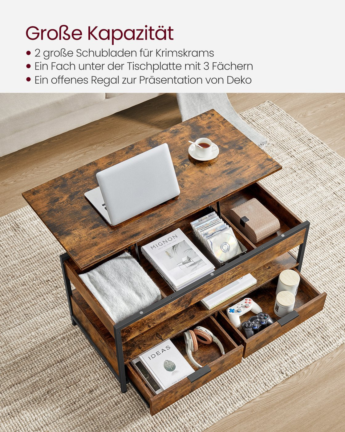 Couchtisch mit Schubladen vintagebraun-tintenschwarz