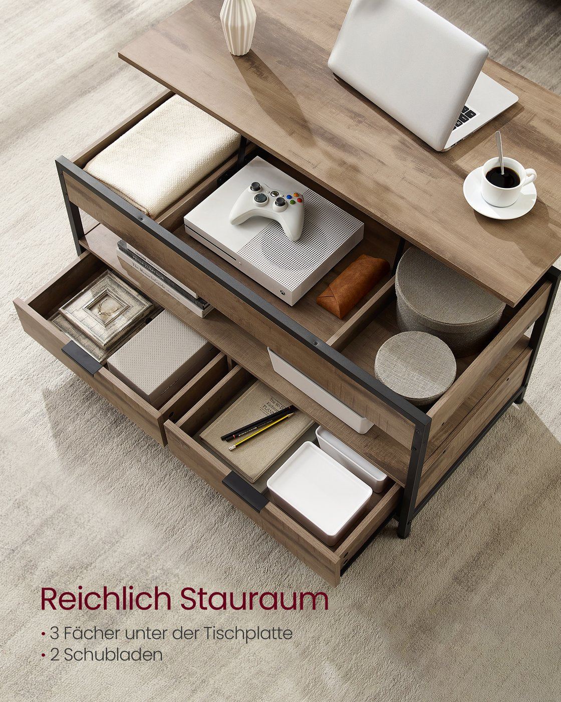 Couchtisch mit Schubladen und offnem Fach höhenverstellbar