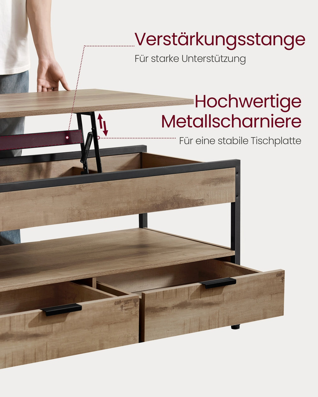 Couchtisch mit Schubladen und offnem Fach höhenverstellbar