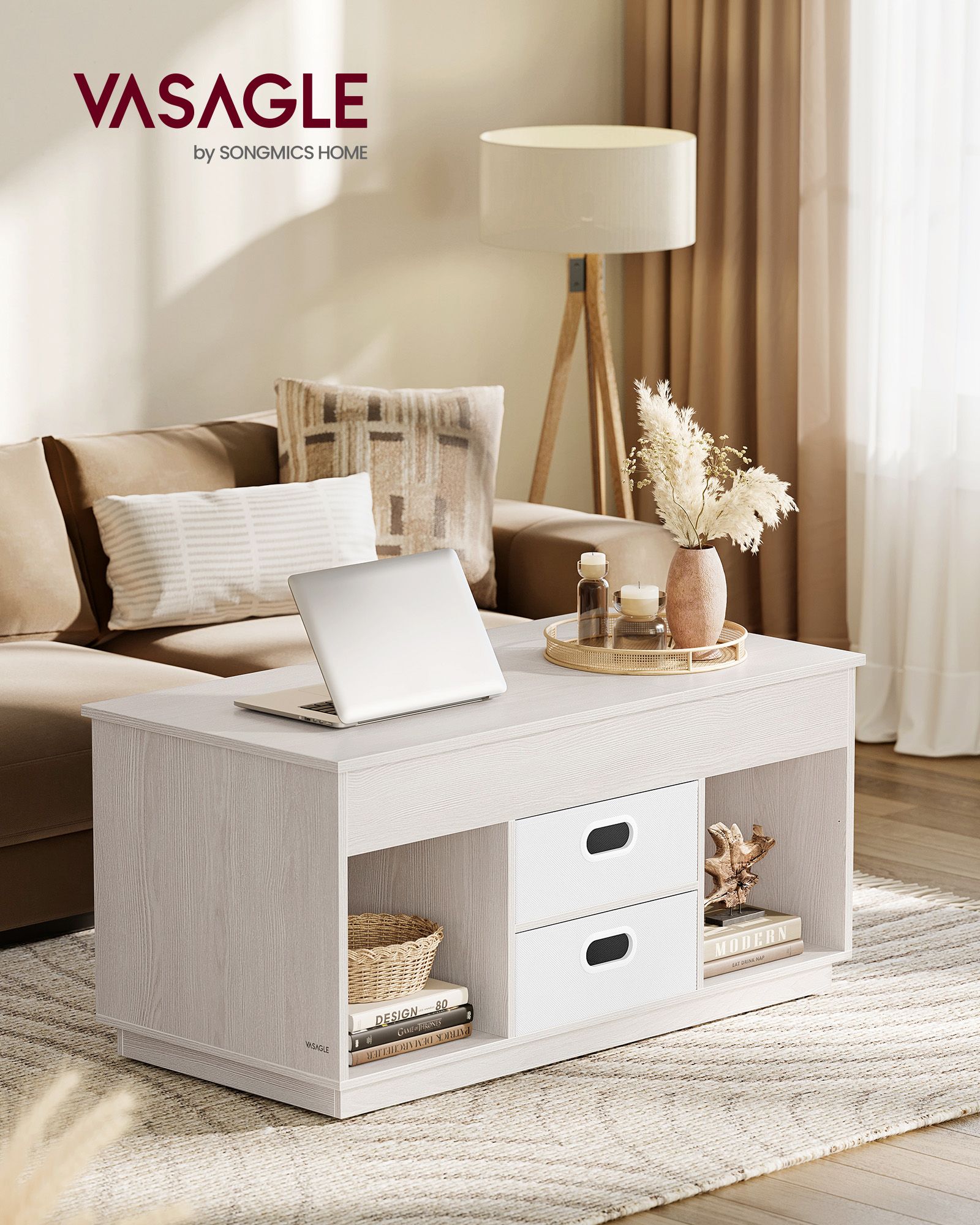 Couchtisch mit 2 Schubladen und Fächern haferflockenbeige