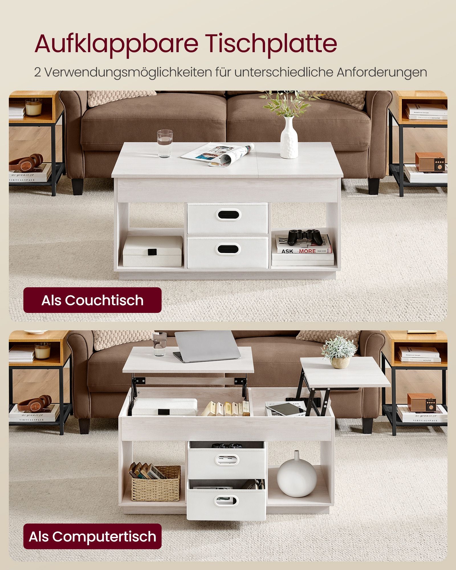 Couchtisch mit 2 Schubladen und Fächern haferflockenbeige