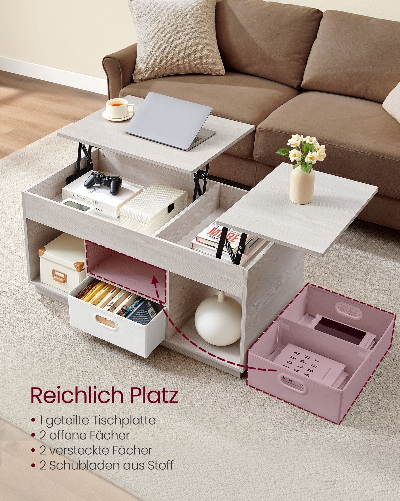 Couchtisch mit 2 Schubladen und Fächern haferflockenbeige