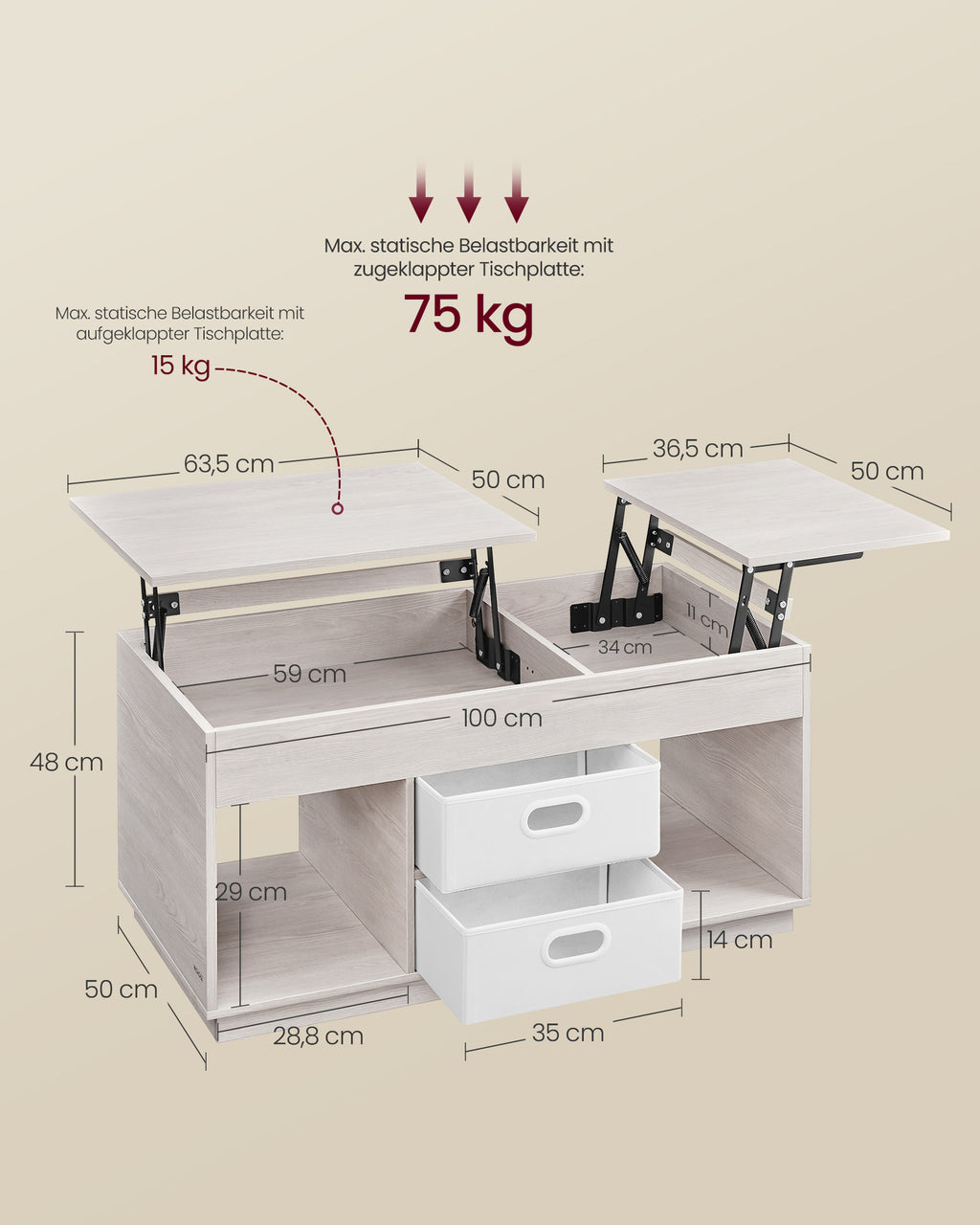 Couchtisch mit 2 Schubladen und Fächern haferflockenbeige