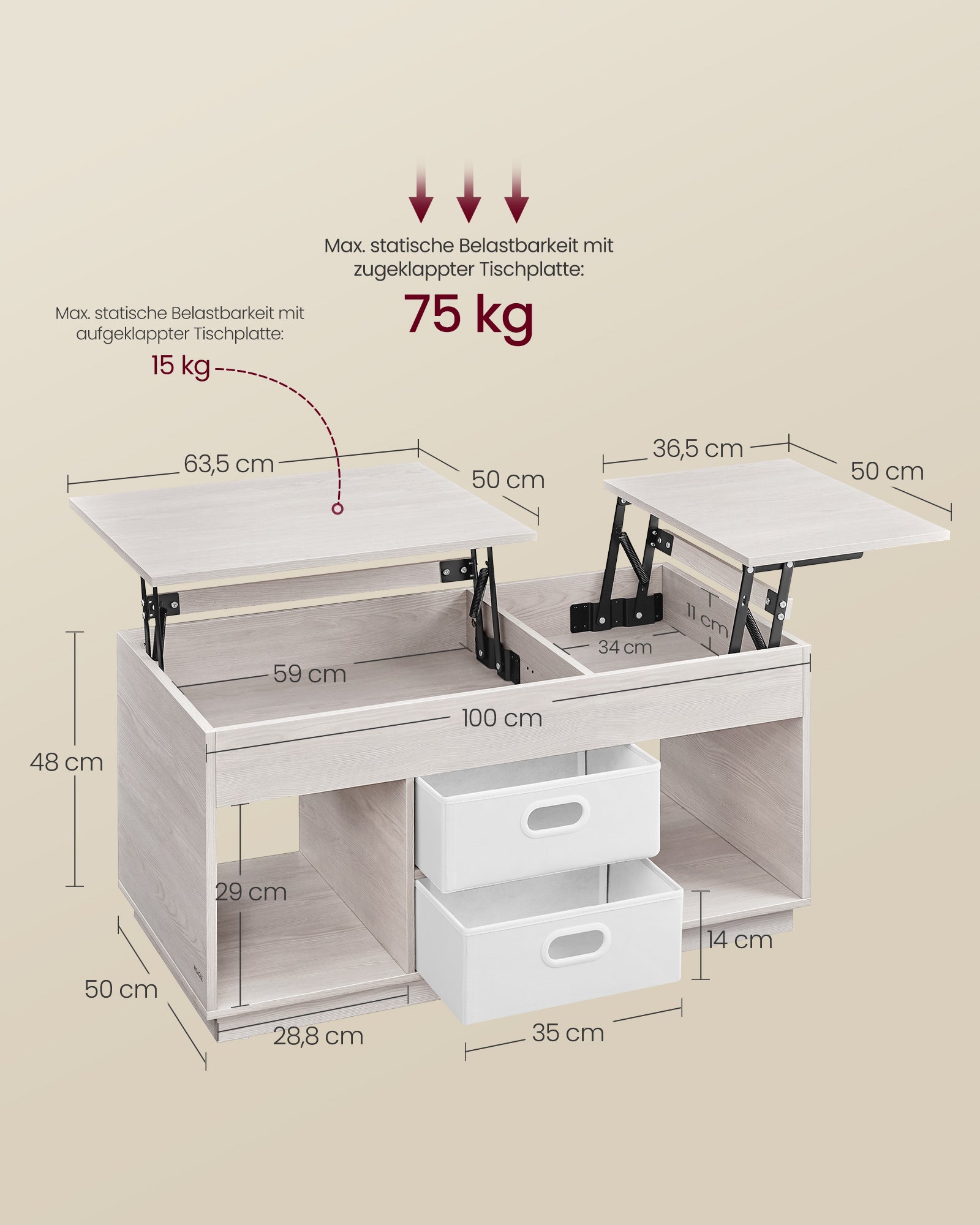 Couchtisch mit 2 Schubladen und Fächern haferflockenbeige