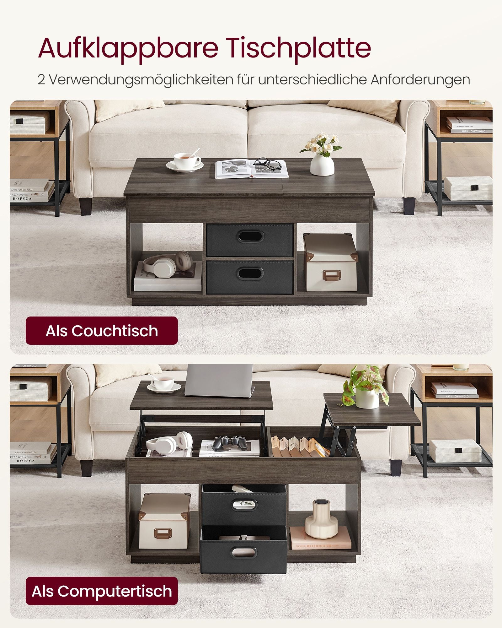 Couchtisch mit 2 Schubladen und Fächern aschbraun