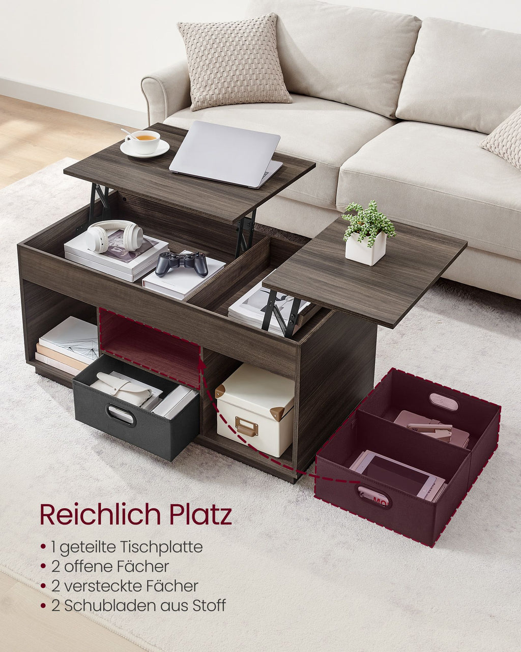 Couchtisch mit 2 Schubladen und Fächern aschbraun