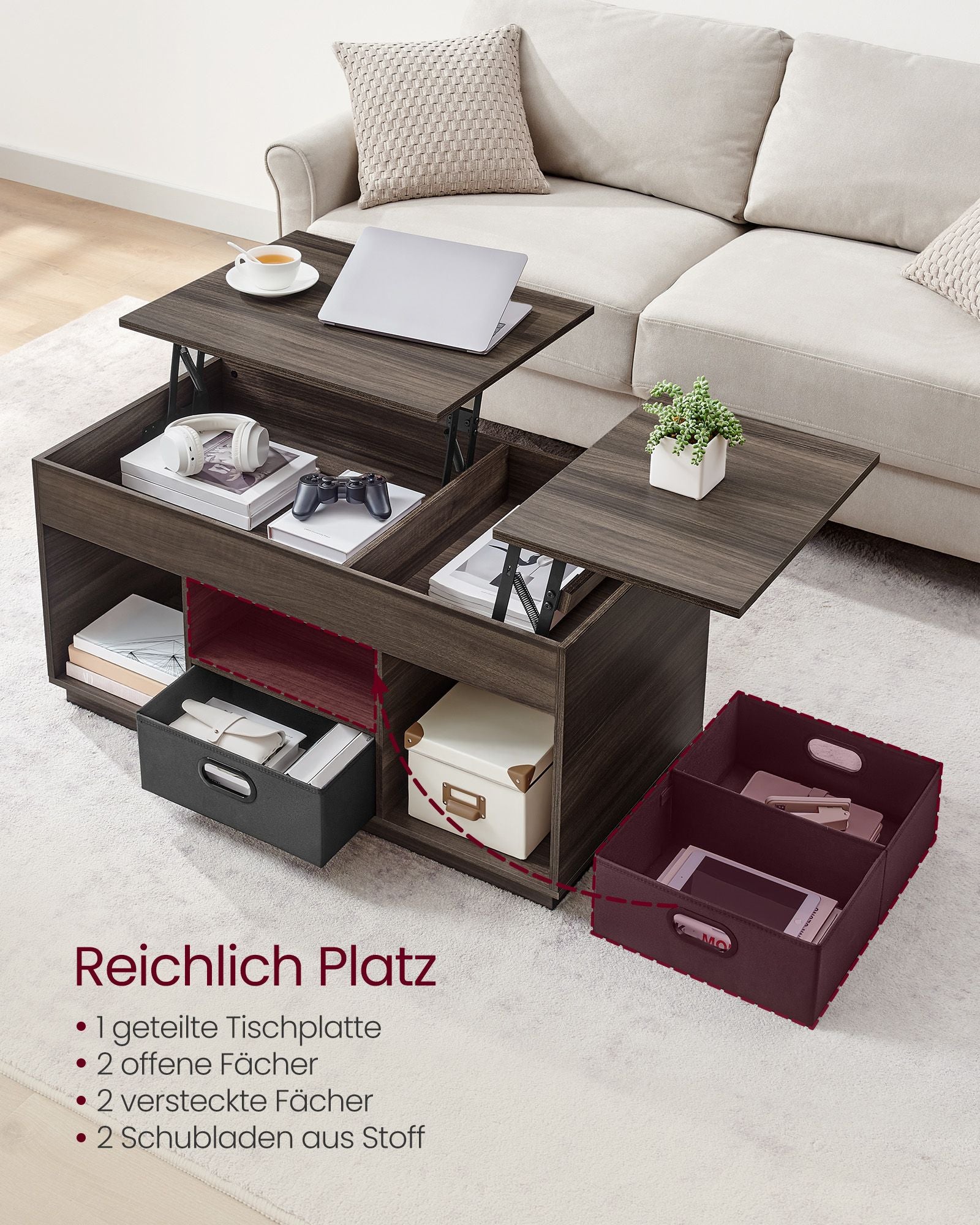 Couchtisch mit 2 Schubladen und Fächern aschbraun