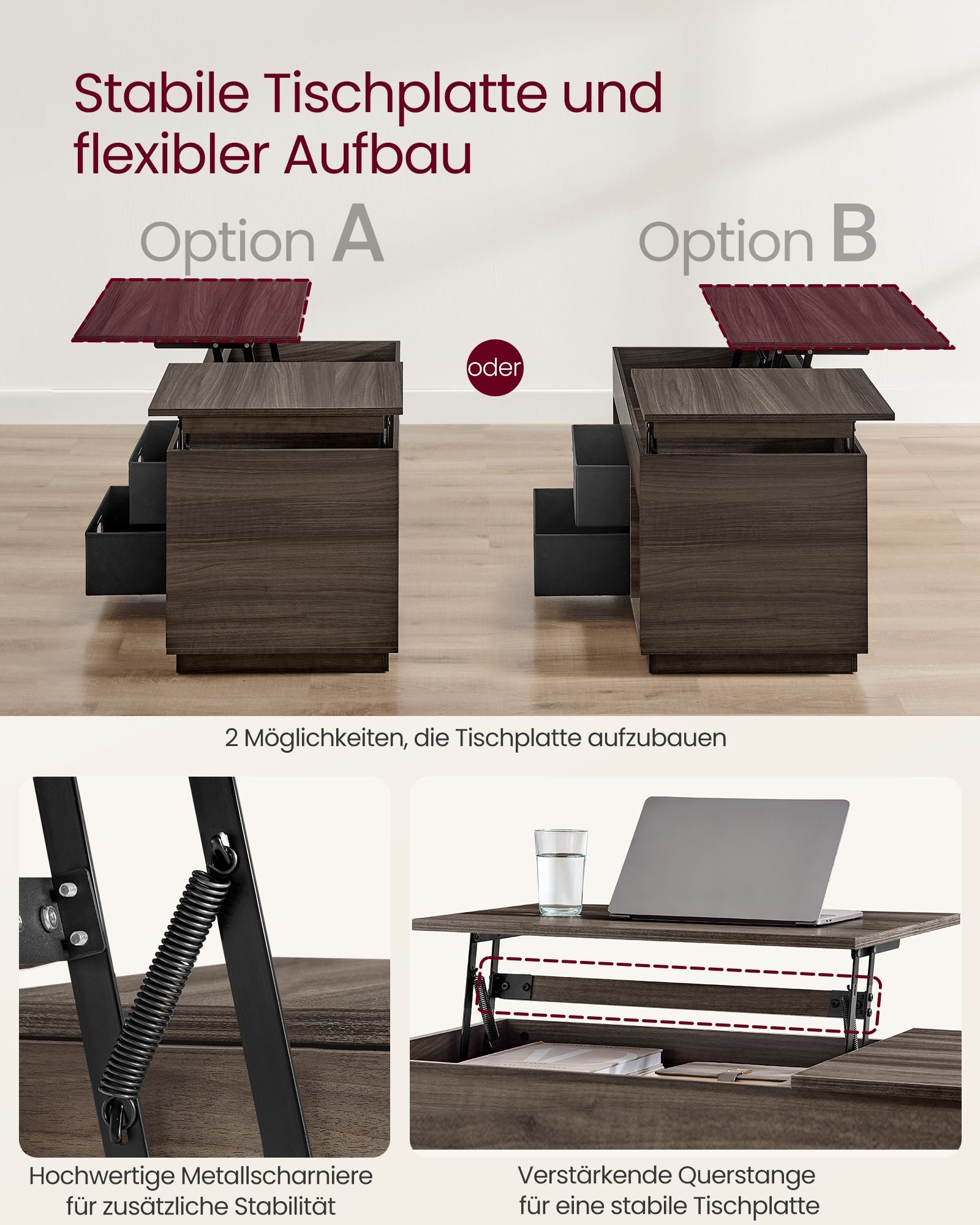 Couchtisch mit 2 Schubladen und Fächern aschbraun
