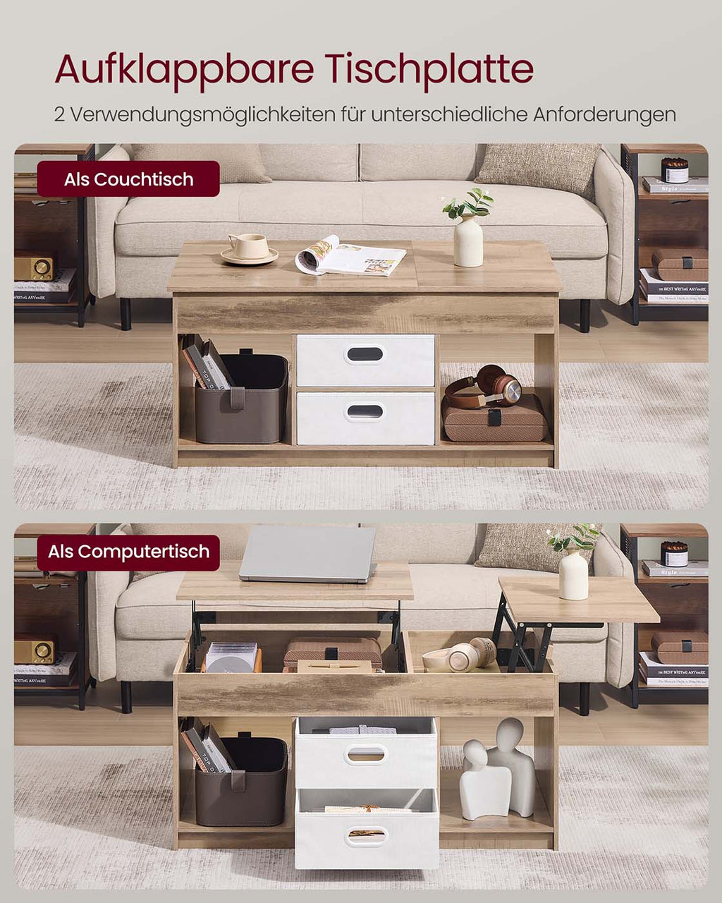 Couchtisch mit 2 Schubladen und Fächern