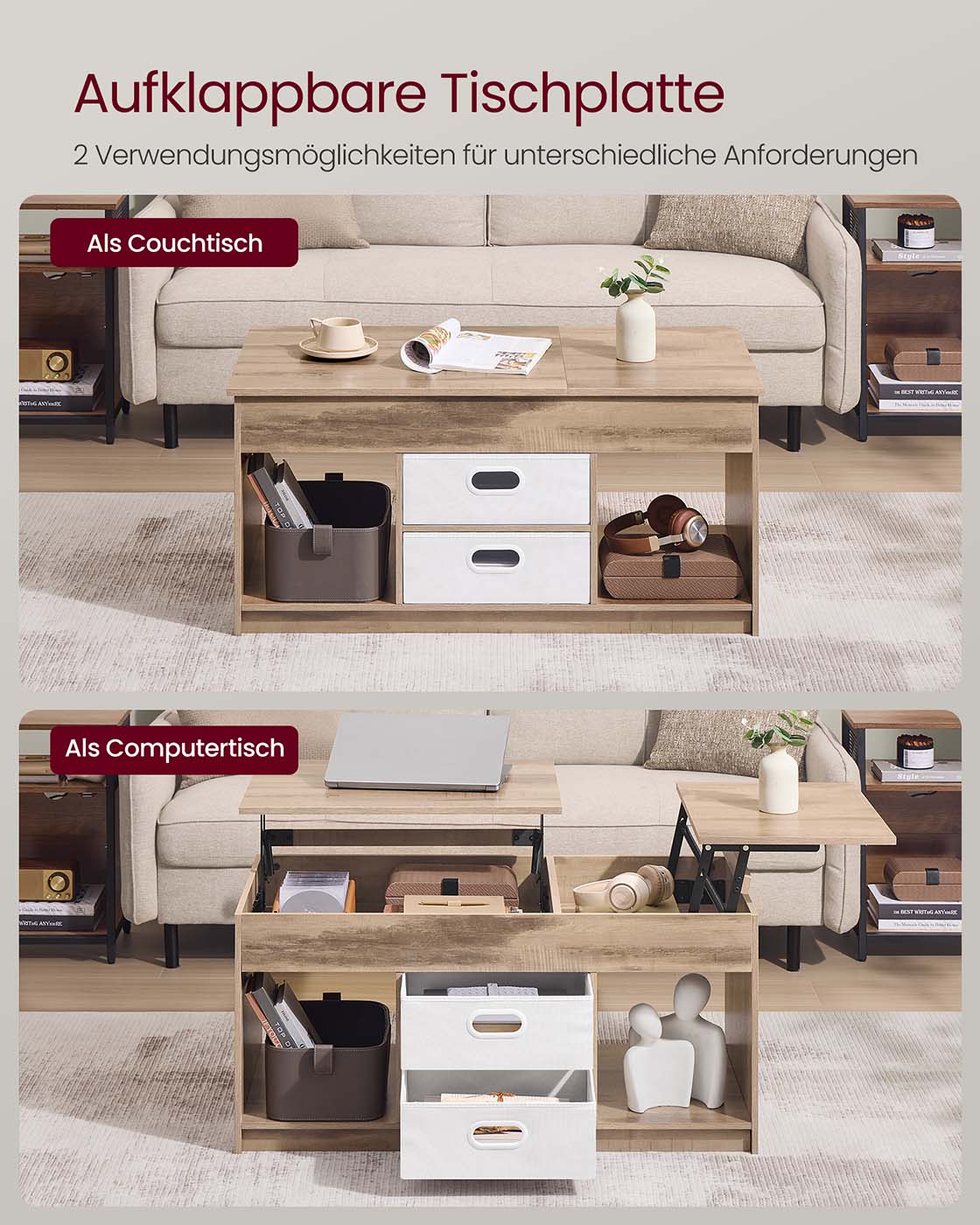 Couchtisch mit 2 Schubladen und Fächern