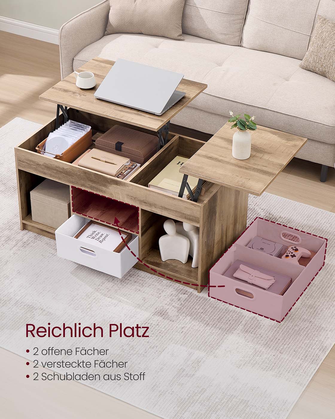 Couchtisch mit 2 Schubladen und Fächern