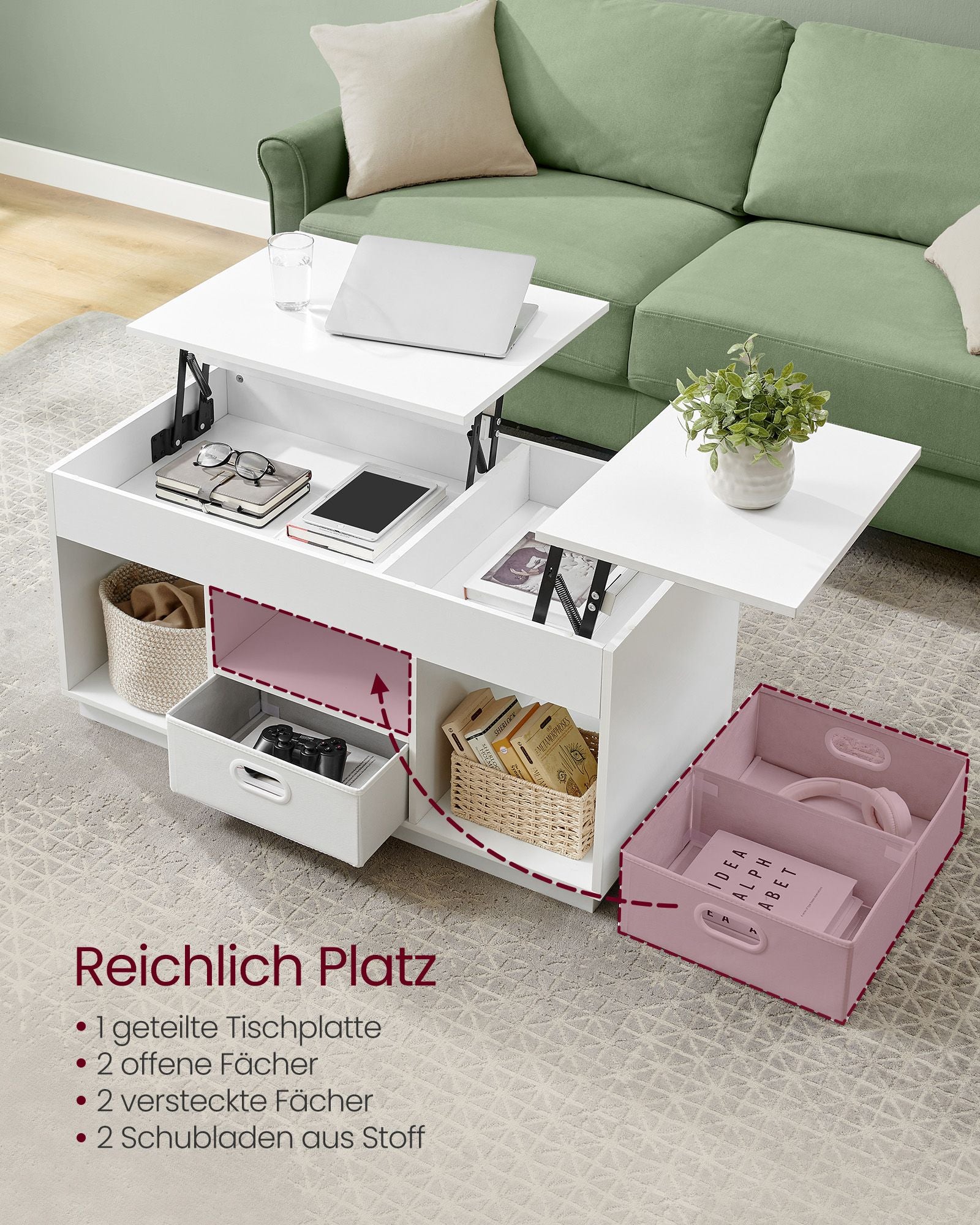 Couchtisch mit 2 Schubladen und Fächern schneeweiß