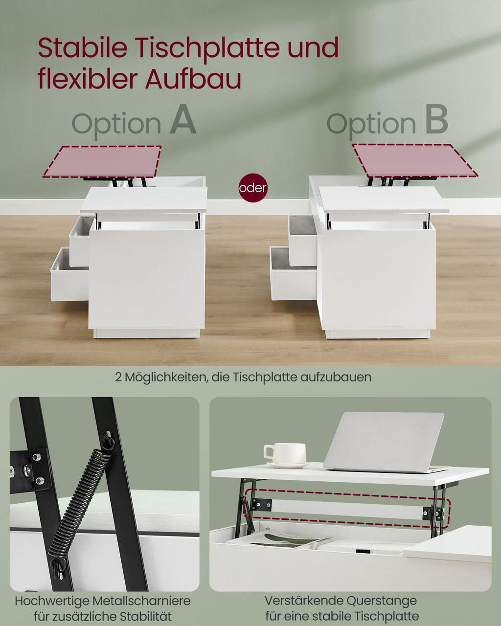 Couchtisch mit 2 Schubladen und Fächern schneeweiß