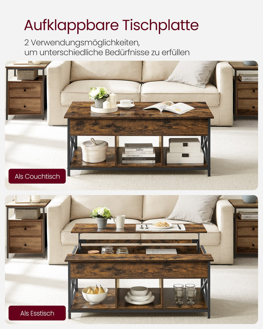 Couchtisch höhenverstellbar mit Stauraum 60 x 120 x (48-62) cm vintagebraun-schwarz