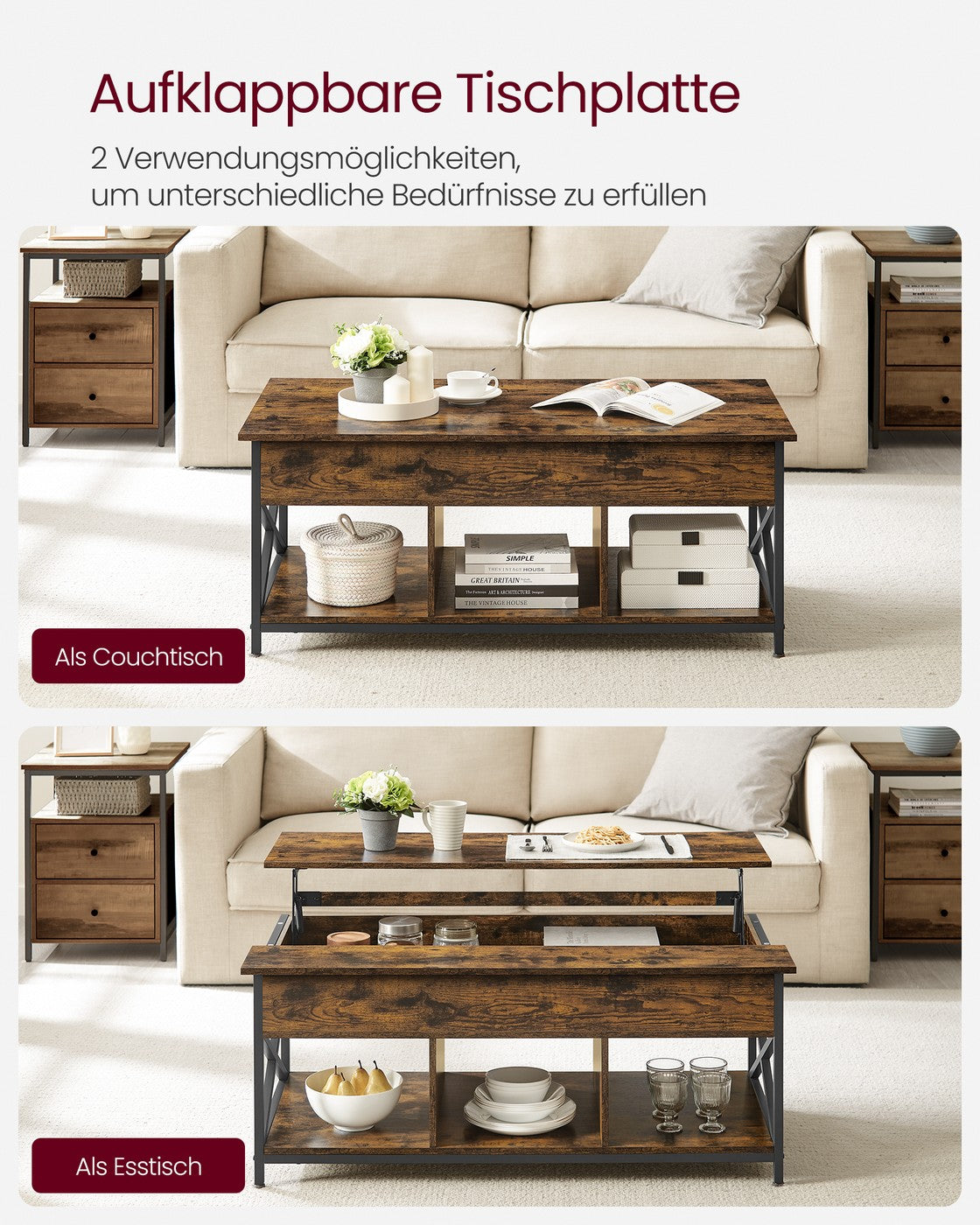 Couchtisch höhenverstellbar mit Stauraum 60 x 120 x (48-62) cm vintagebraun-schwarz