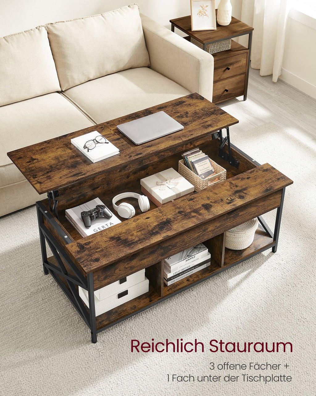 Couchtisch höhenverstellbar mit Stauraum 60 x 120 x (48-62) cm vintagebraun-schwarz