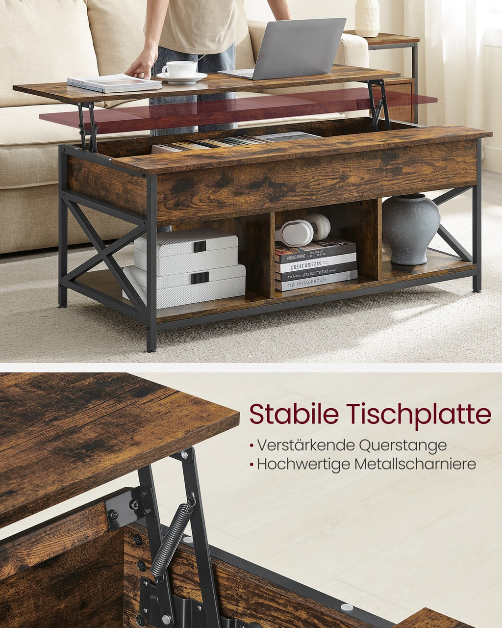 Couchtisch höhenverstellbar mit Stauraum 60 x 120 x (48-62) cm vintagebraun-schwarz