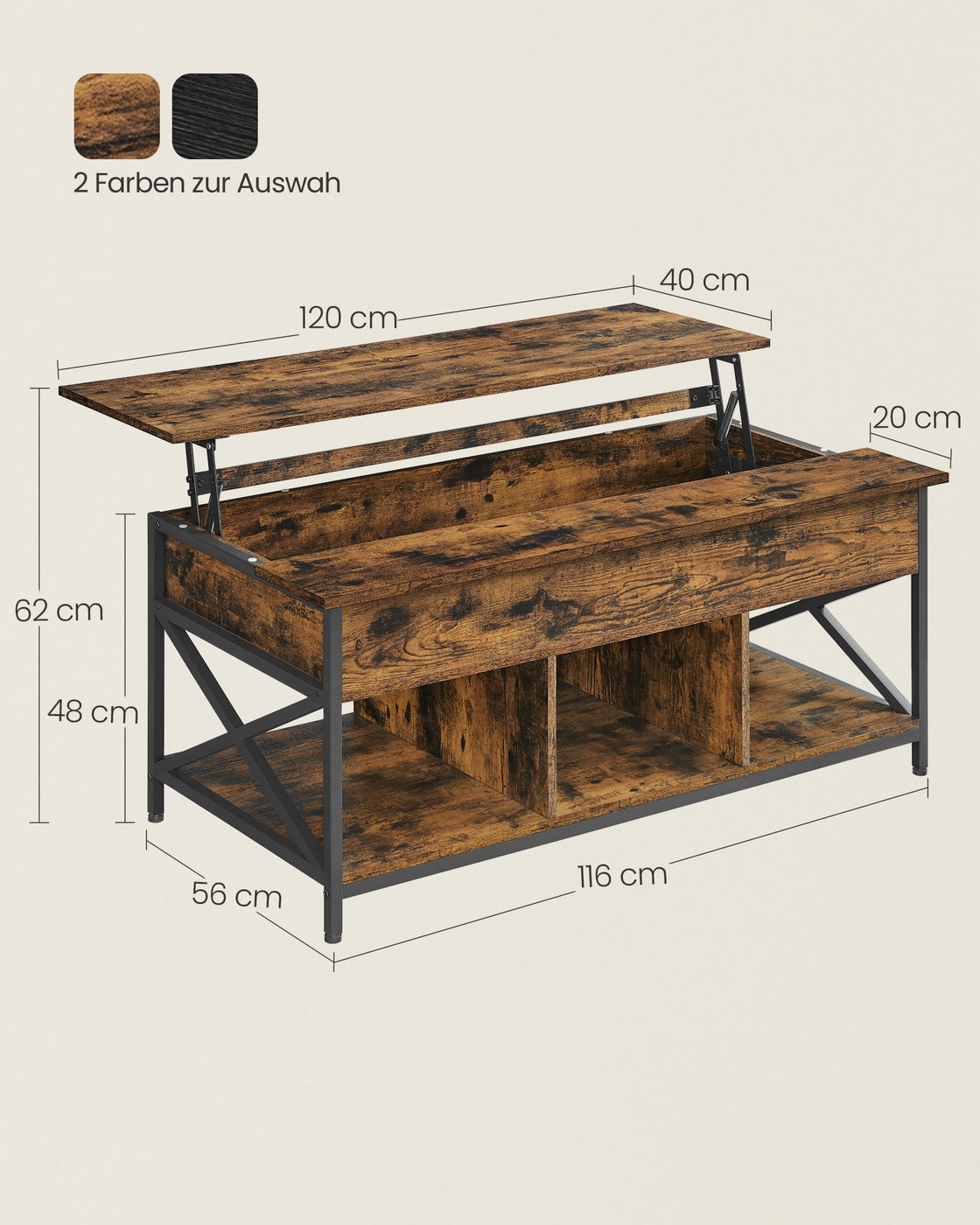 Couchtisch höhenverstellbar mit Stauraum 60 x 120 x (48-62) cm vintagebraun-schwarz