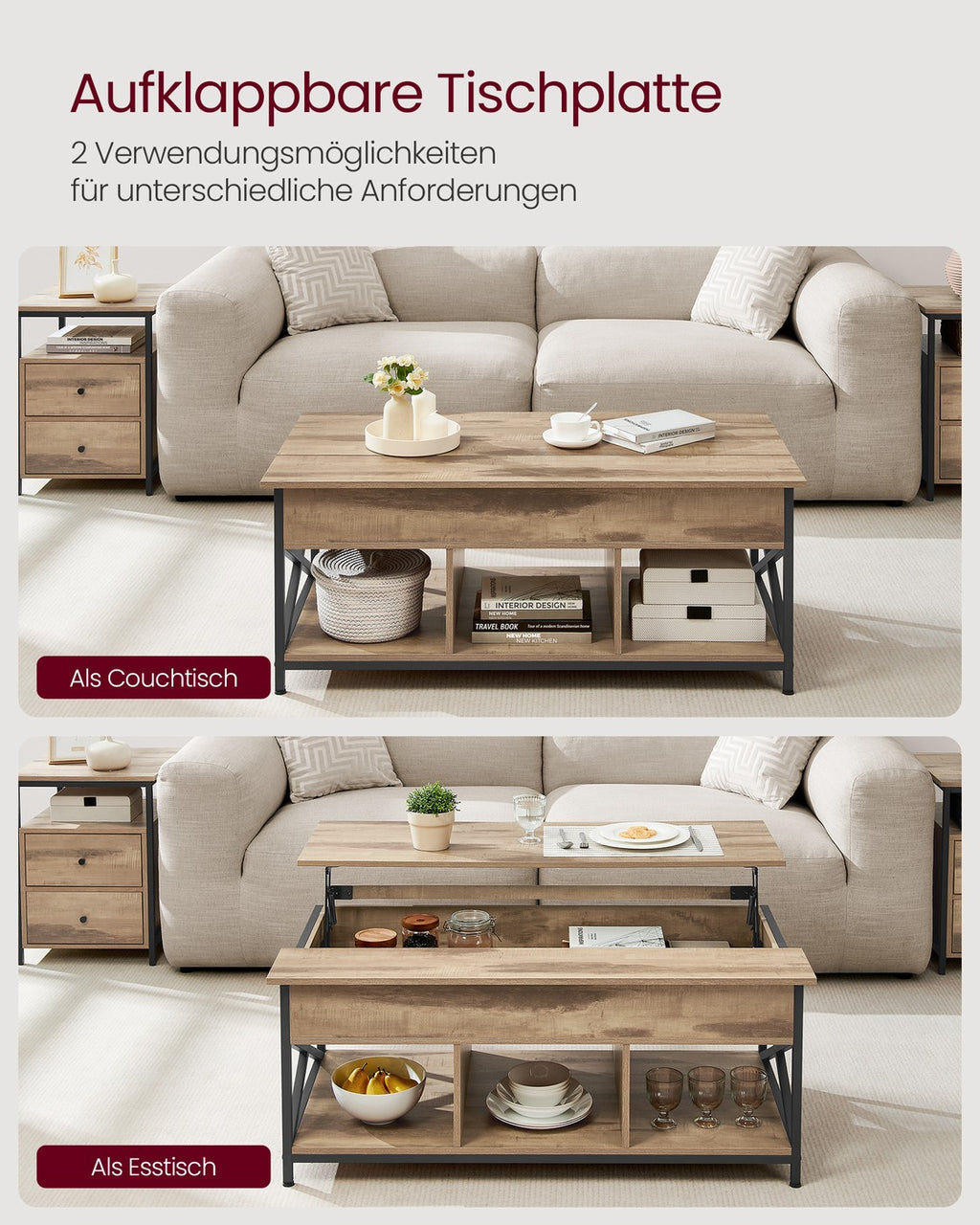 Couchtisch mit offenem und verstecktem Stauraum