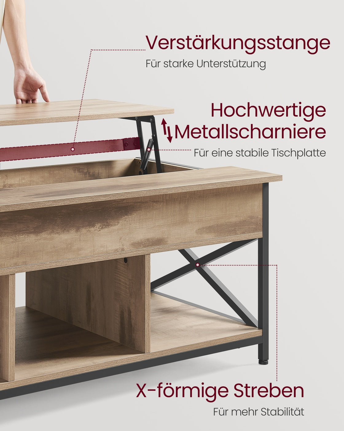 Couchtisch mit offenem und verstecktem Stauraum
