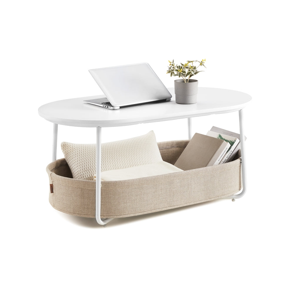 Couchtisch oval mit Stauraum und Stoffkorb Mattweiß-Kamelbraun