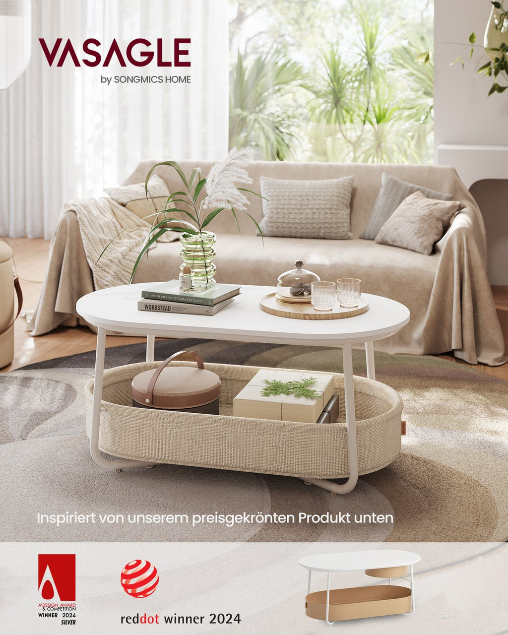 Couchtisch oval mit Stauraum und Stoffkorb Mattweiß-Kamelbraun