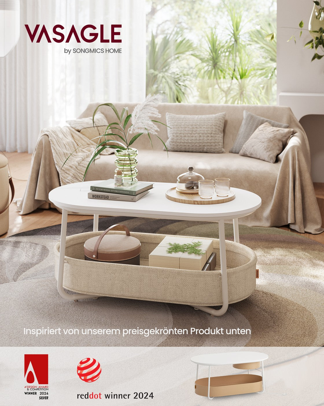 Couchtisch oval mit Stauraum und Stoffkorb Mattweiß-Kamelbraun