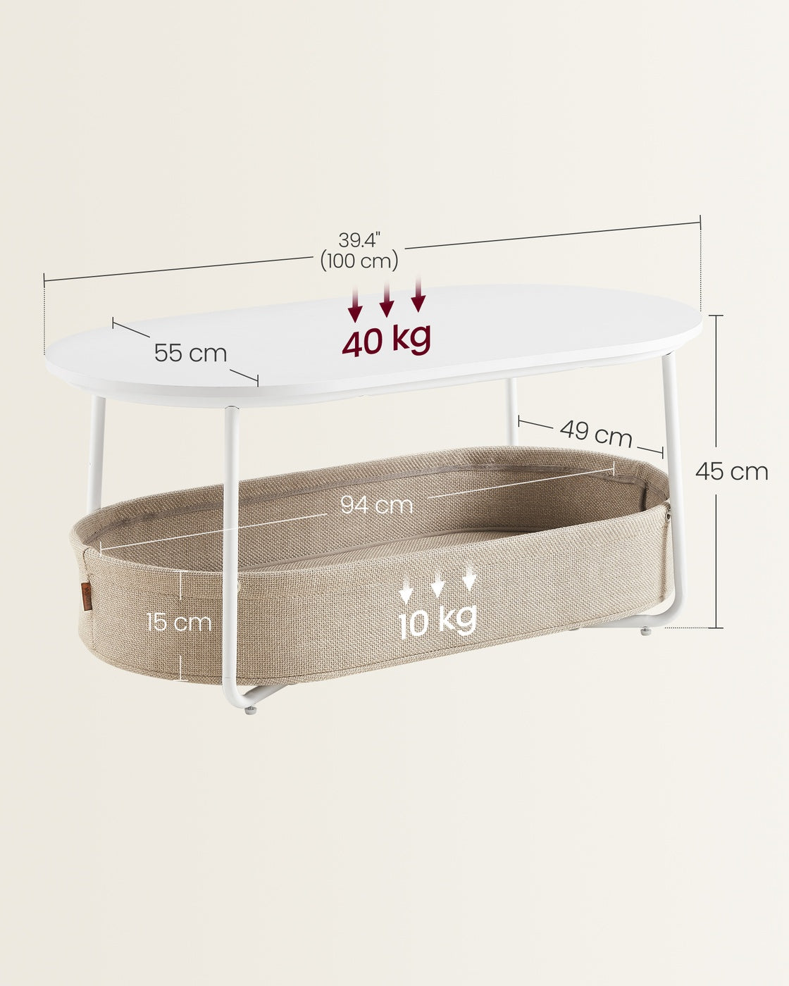 Couchtisch oval mit Stauraum und Stoffkorb Mattweiß-Kamelbraun