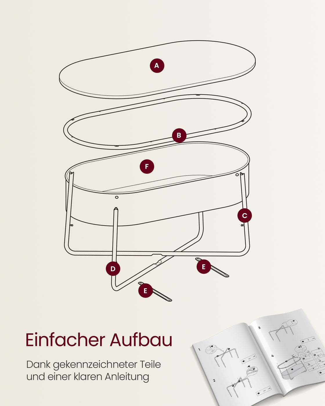 Couchtisch oval mit Stauraum und Stoffkorb Mattweiß-Kamelbraun