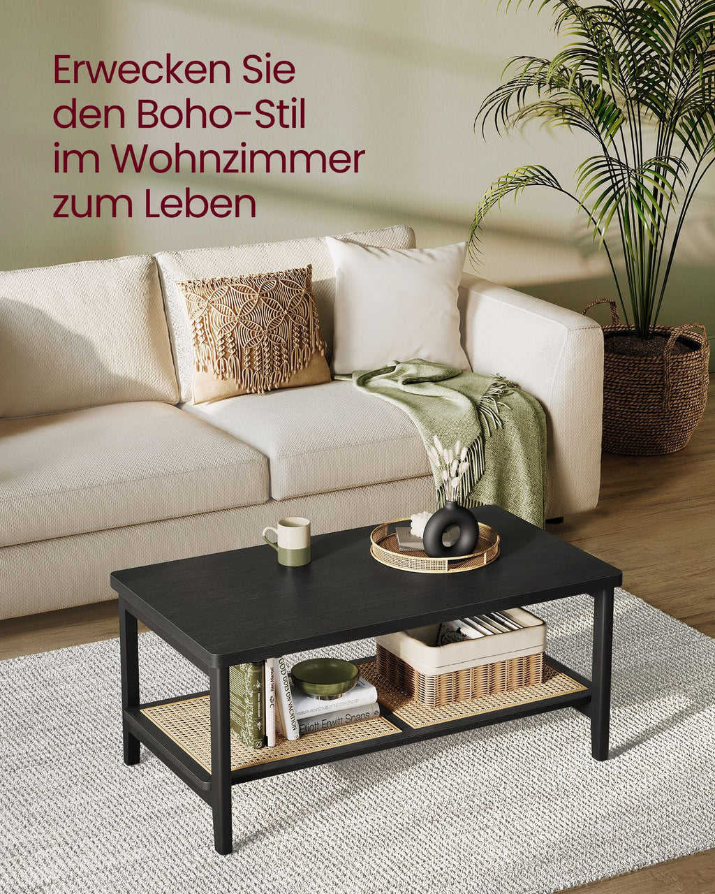 Couchtisch 2 Ebenen mit Stauraum Boho-Stil