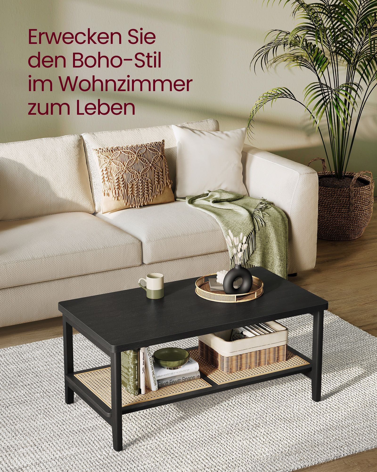 Couchtisch 2 Ebenen mit Stauraum Boho-Stil
