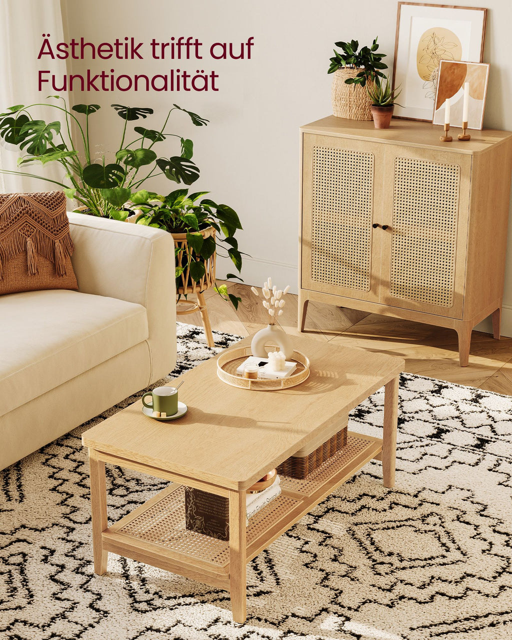 Couchtisch 2 Ebenen mit Stauraum Boho-Stil