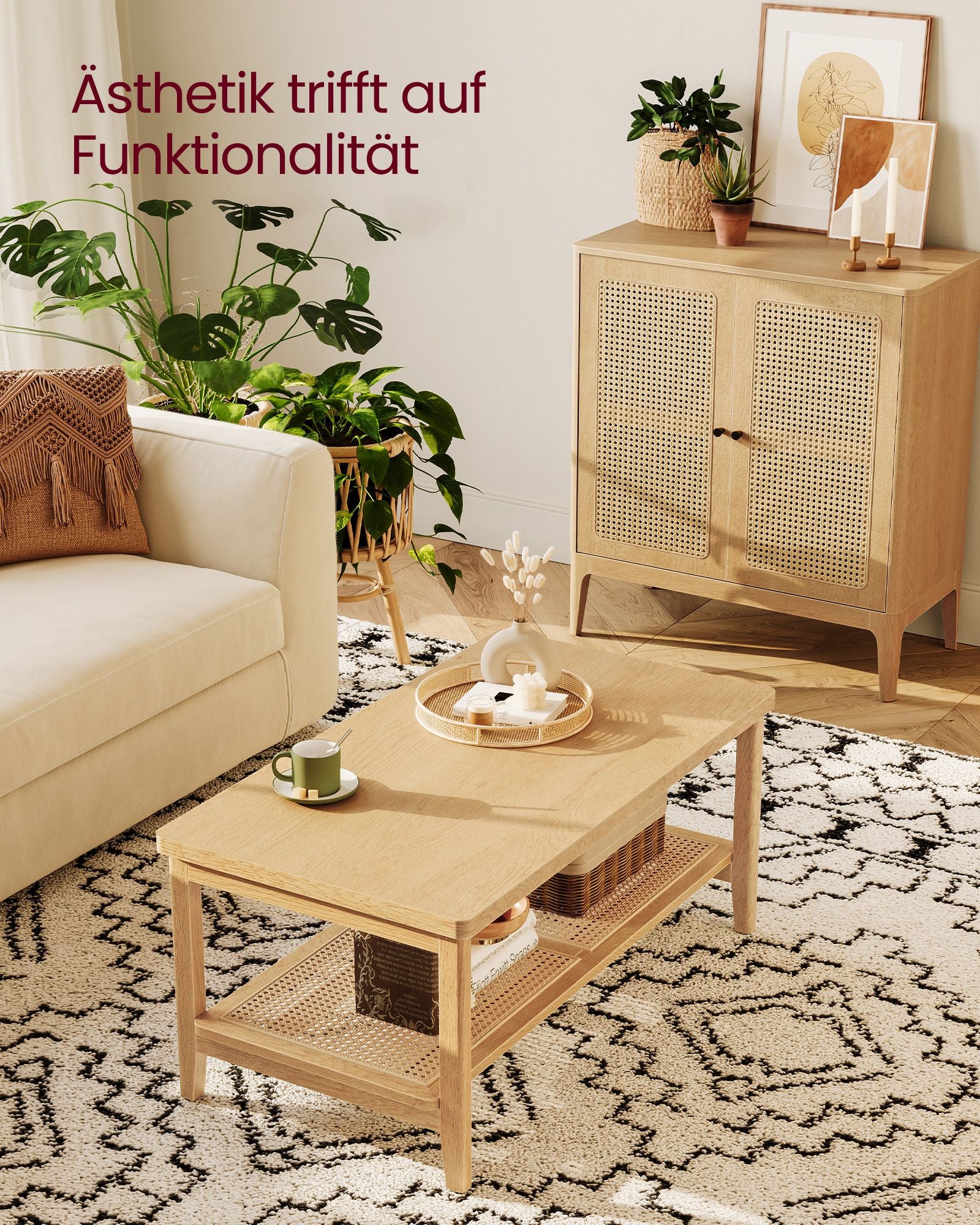 Couchtisch 2 Ebenen mit Stauraum Boho-Stil
