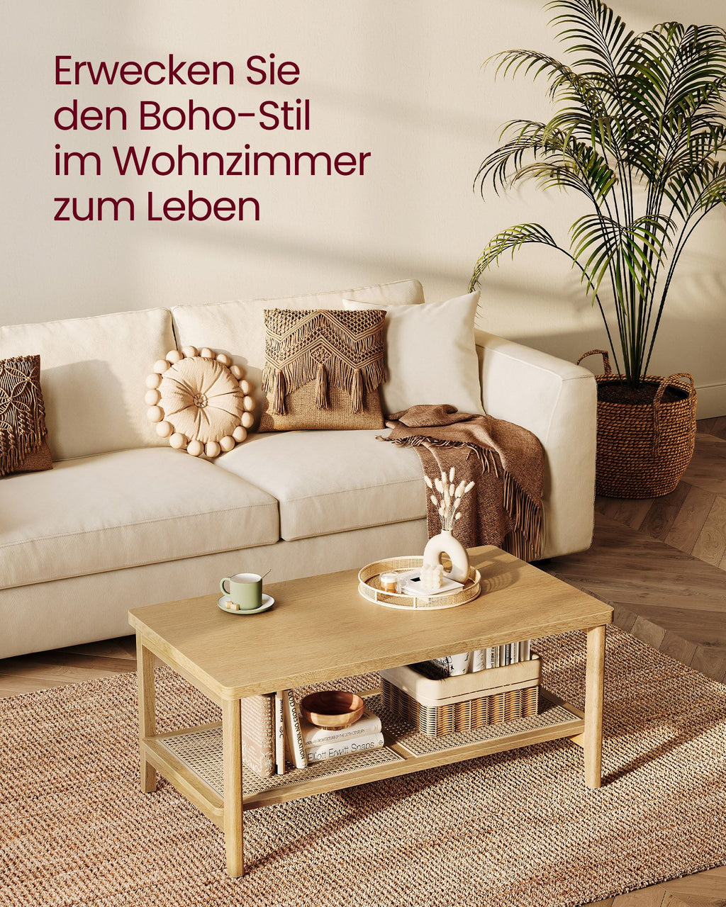 Couchtisch 2 Ebenen mit Stauraum Boho-Stil