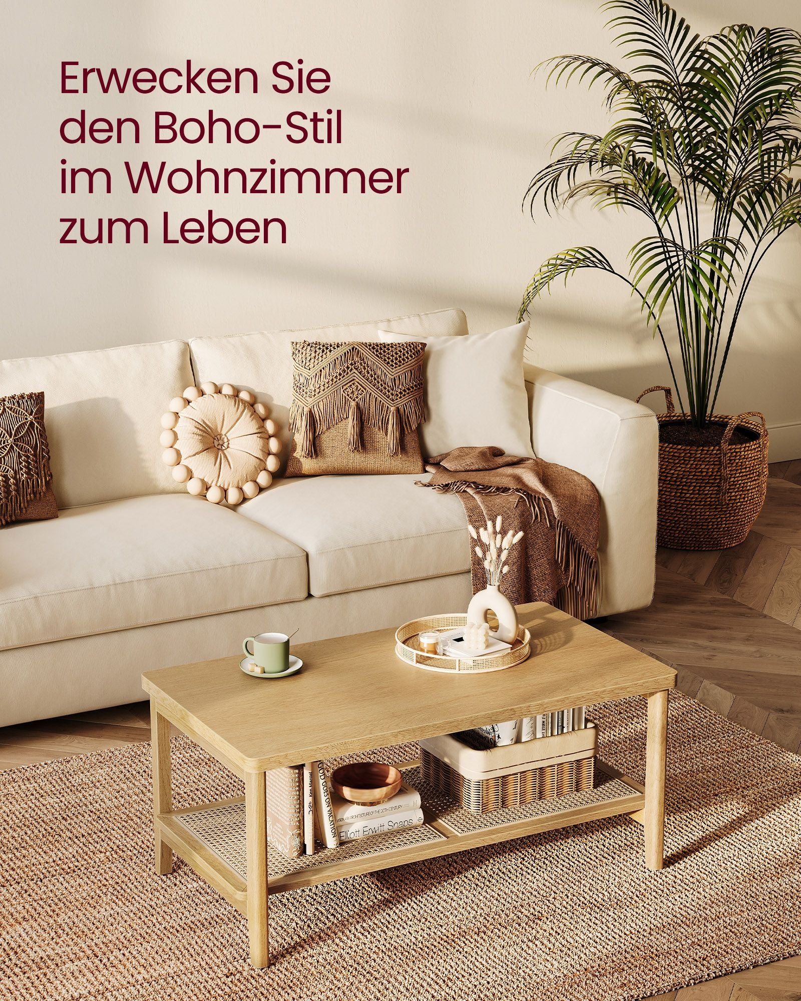 Couchtisch 2 Ebenen mit Stauraum Boho-Stil