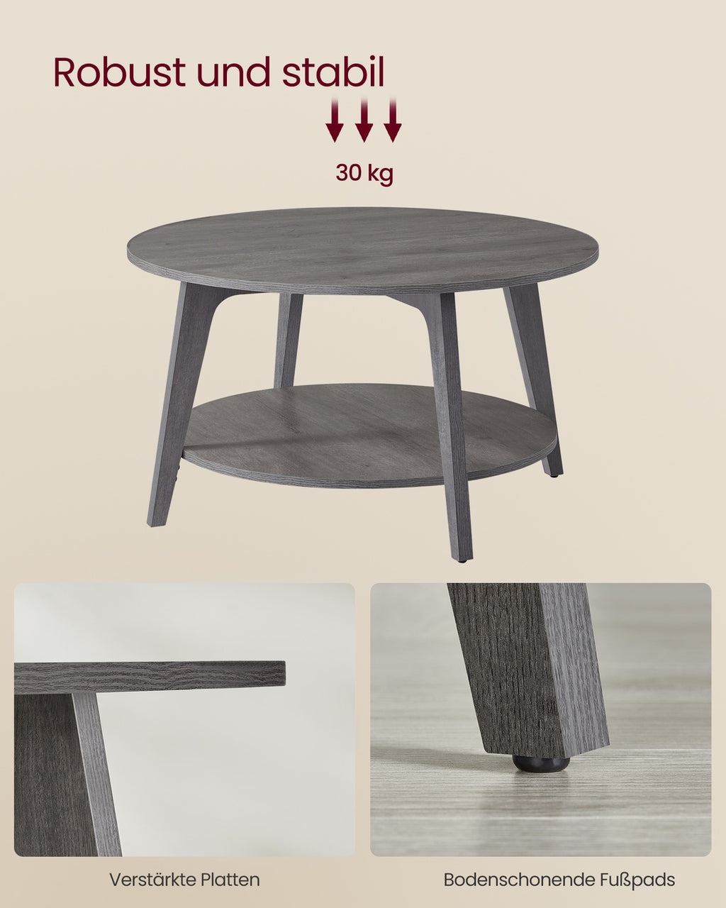 Couchtisch rund mit 2 Ebenen 80 cm d nebelgrau