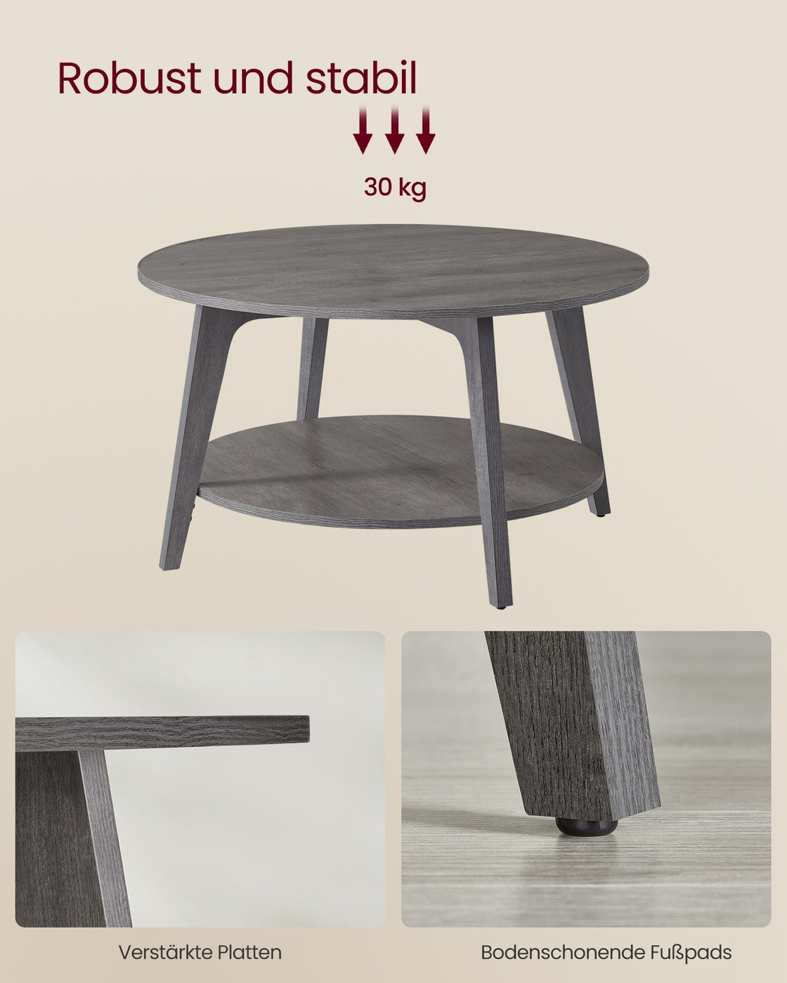 Couchtisch rund mit 2 Ebenen 80 cm d nebelgrau