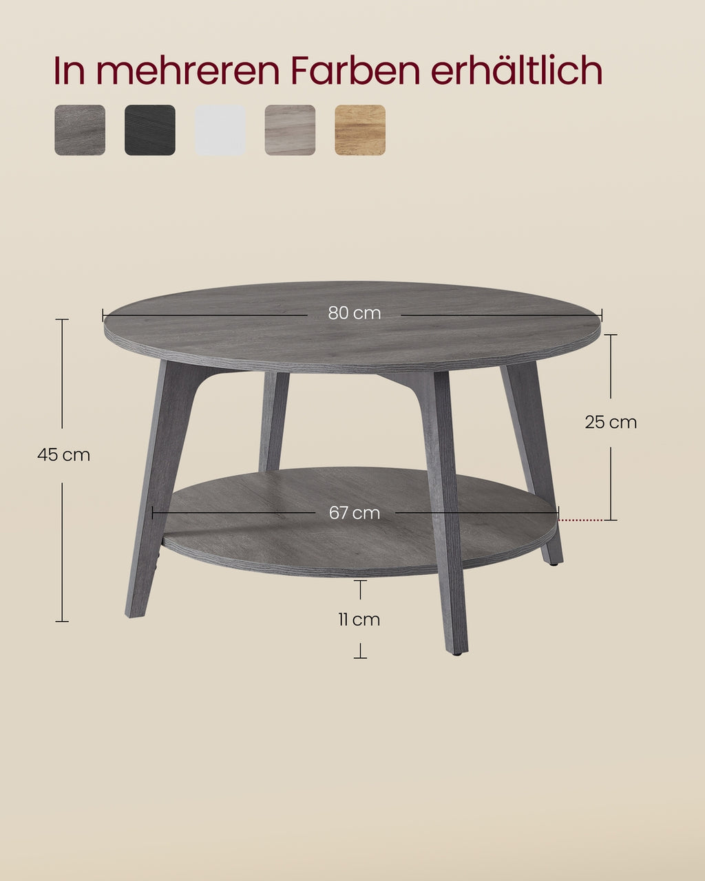 Couchtisch rund mit 2 Ebenen 80 cm d nebelgrau